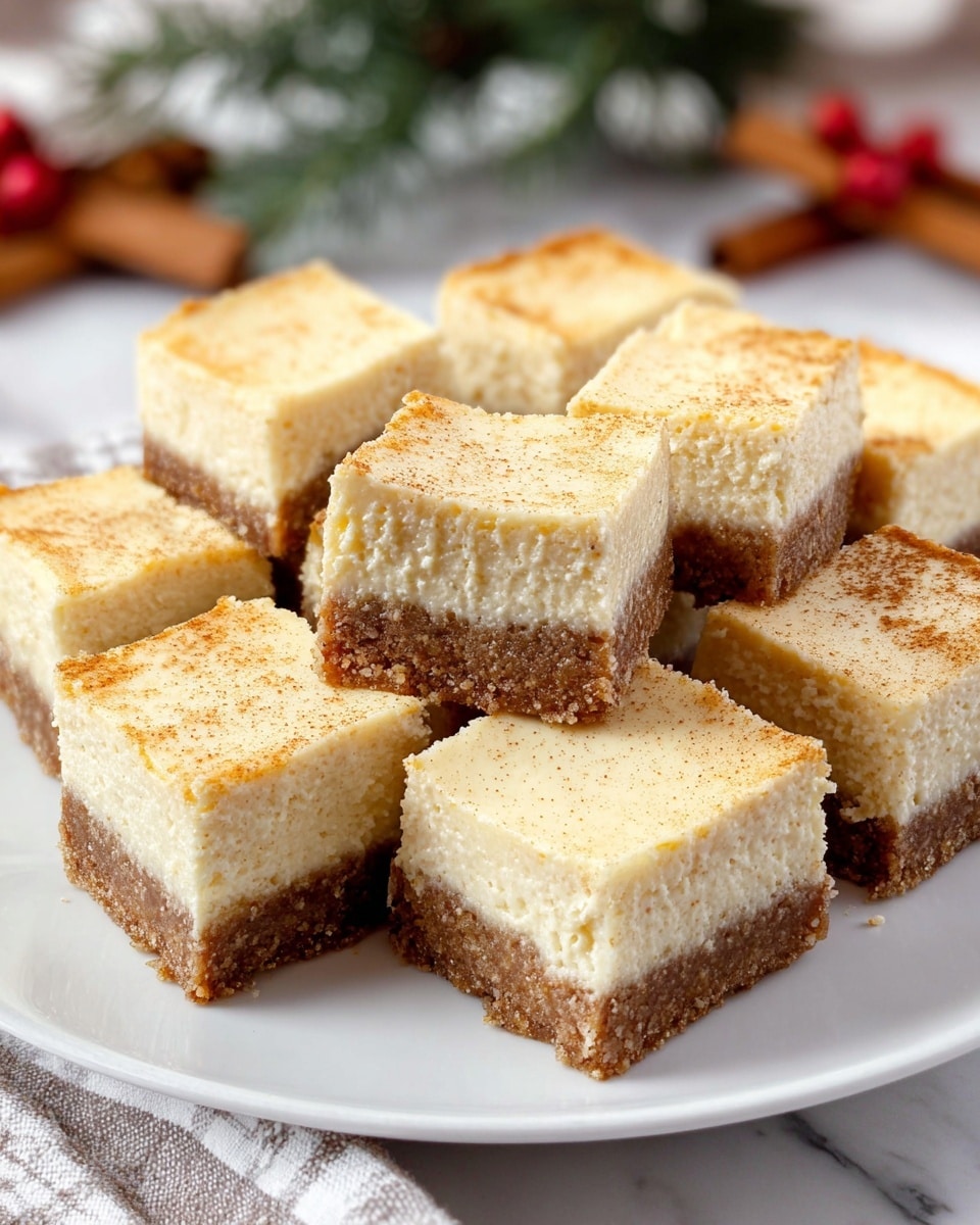 The image shows nine square pieces of cheesecake arranged closely on a white plate, each piece having two clear layers. The bottom layer is a thick, crumbly brown crust with a slightly rough texture, while the top layer is a smooth, creamy light beige cheesecake with a soft, slightly grainy surface. The squares are uniform in size and neatly cut, sitting on a white marbled surface with some blurred festive greenery and cinnamon sticks in the background. photo taken with an iphone --ar 4:5 --v 7