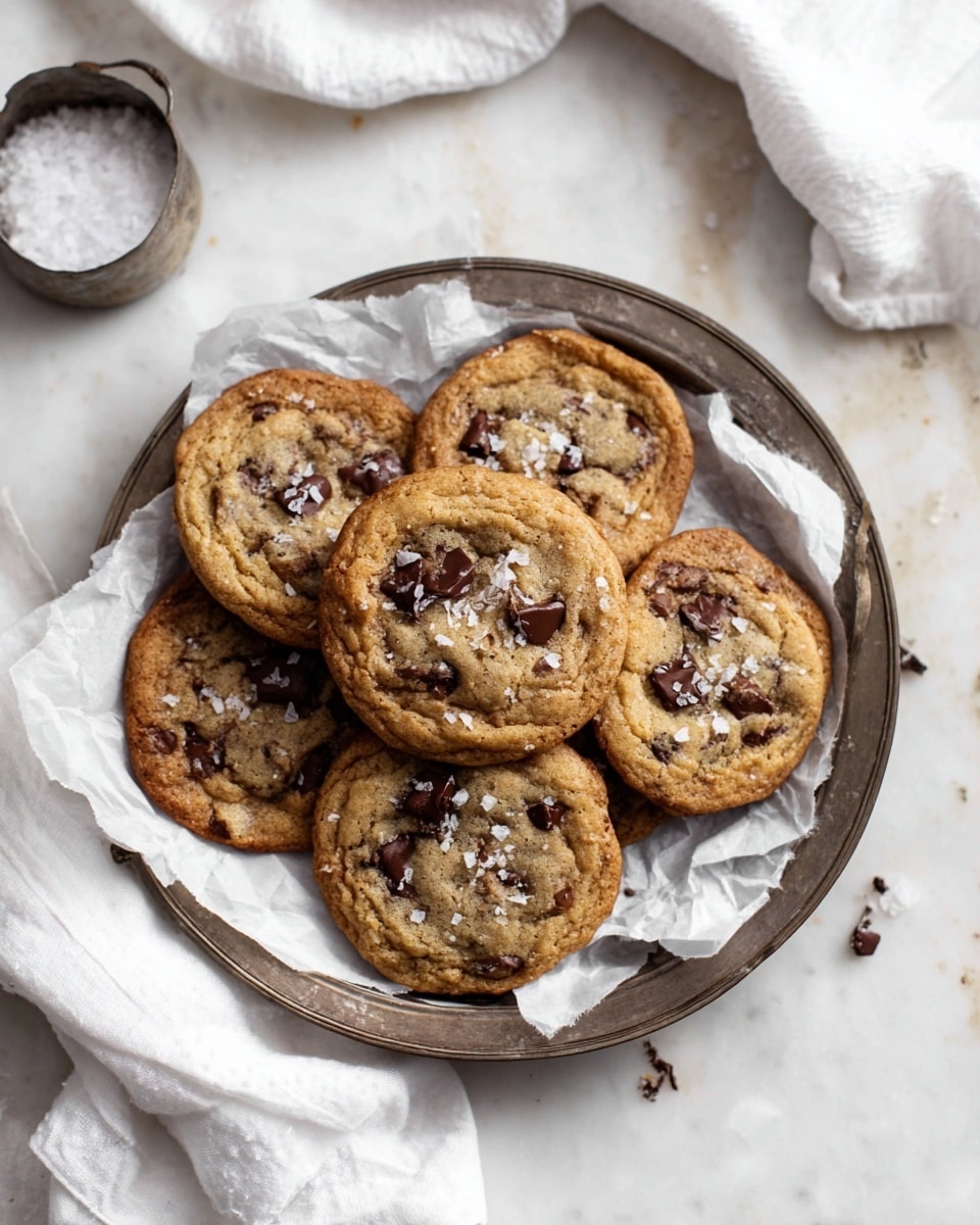 A metal tray lined with crumpled white parchment paper holds seven round chocolate chip cookies stacked closely together. Each cookie is golden brown with a soft, slightly wrinkled texture and visible dark chocolate chips scattered on top. Small crystals of coarse sea salt are sprinkled on the surface, adding a subtle sparkle. The tray sits on a white marbled surface with a small metal container filled with coarse salt nearby. A white cloth is casually placed near the tray, creating a cozy and simple setting. photo taken with an iphone --ar 4:5 --v 7