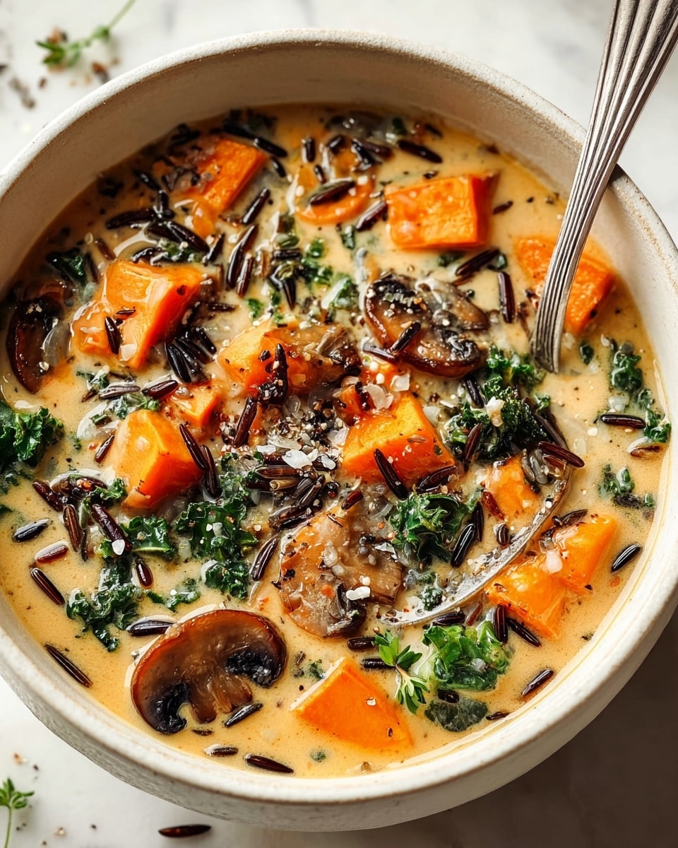 A white bowl filled with creamy soup showing several layers: the base is a light beige creamy broth, scattered with bright orange chunks of sweet potato and dark brown slices of mushrooms. There are small green kale leaves mixed throughout, along with some long dark wild rice grains adding texture. On top, white grains resembling coarse salt and black pepper flakes are sprinkled. A silver spoon rests inside the bowl, all placed on a white marbled surface. photo taken with an iphone --ar 4:5 --v 7