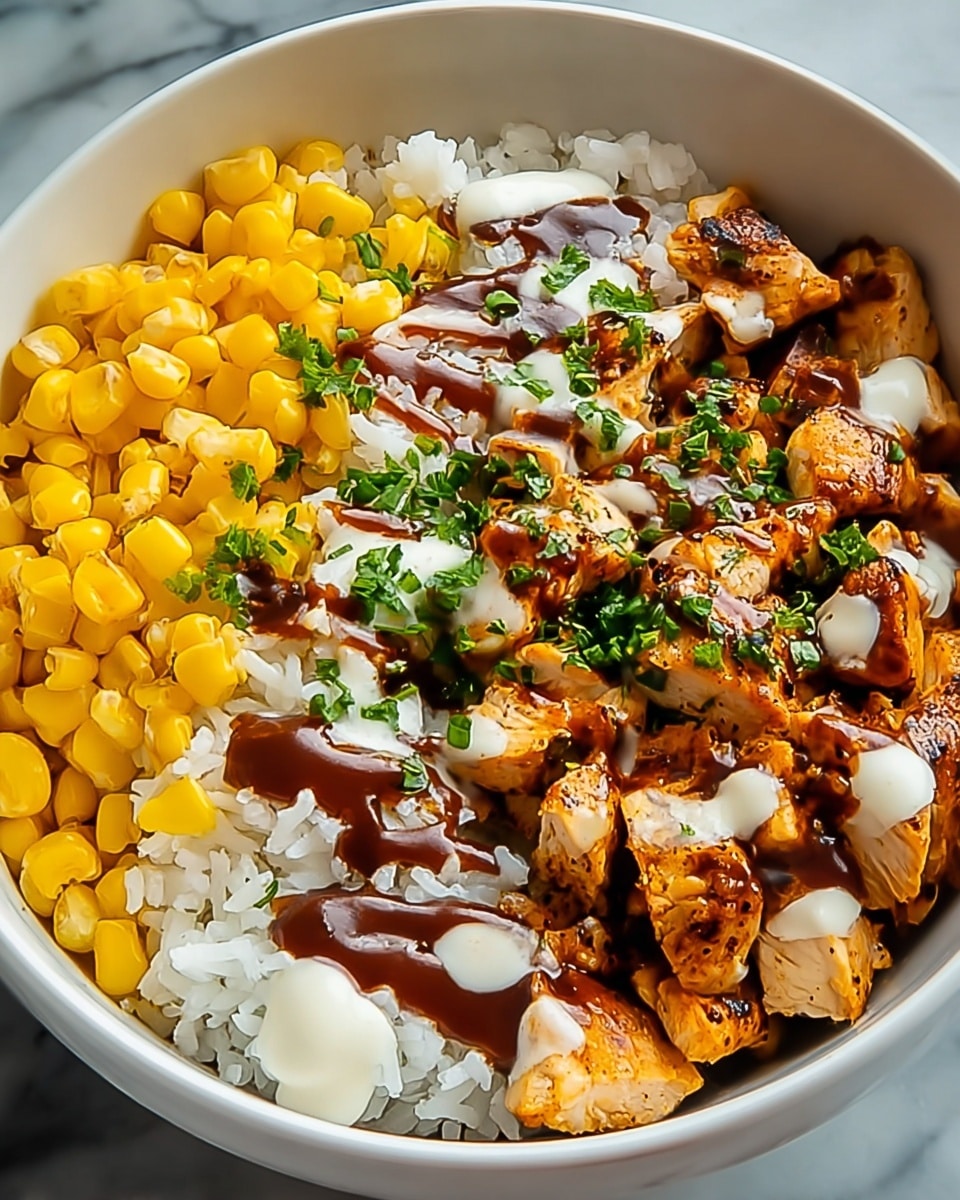 A white bowl shows four layers of food starting with white rice at the bottom with a slightly fluffy texture. On top of the rice, there is bright yellow corn arranged around the edges of the bowl. Next, grilled chicken pieces with a golden-brown, slightly charred surface are scattered in the center. The chicken is covered with a drizzle of dark brown sauce and a creamy white sauce, garnished with small pieces of green chopped herbs. The bowl sits on a white marbled surface. Photo taken with an iphone --ar 4:5 --v 7