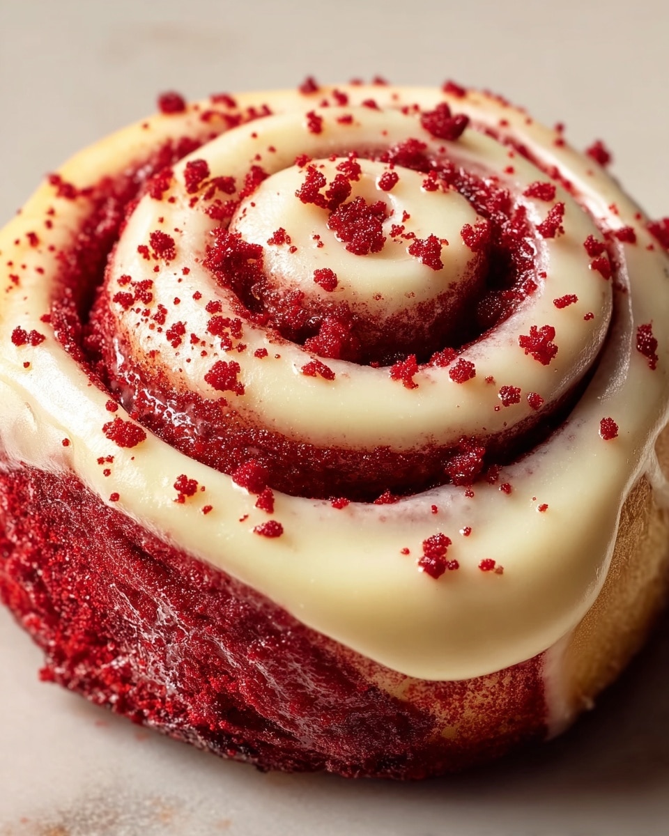 A close-up of a red velvet cinnamon roll sitting directly on a smooth white marbled surface, featuring one main thick layer of bright red dough spiraled tightly. On top is a glossy cream-colored frosting swirled in parallel with the dough, thick and smooth, slightly dripping at the edges. Small red cake crumbs sprinkled generously over the frosting and dough add texture and a contrast of colors. The overall look is soft and moist with rich colors and a shiny finish. Photo taken with an iphone --ar 4:5 --v 7