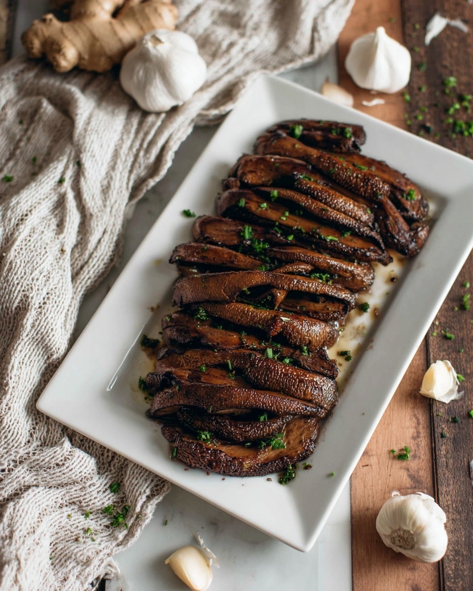 A rectangular white plate holds a large mushroom sliced into thin, even layers arranged flat in a slightly overlapping pattern, showing the dark brown texture of the cooked mushroom cap. Small green herb pieces are sprinkled evenly over the top, adding a fresh contrast to the rich brown color. The plate is placed on a white marbled surface with scattered garlic cloves and a piece of ginger around it, along with a striped cloth and a light woven fabric, creating a cozy and natural kitchen scene. Photo taken with an iphone --ar 4:5 --v 7