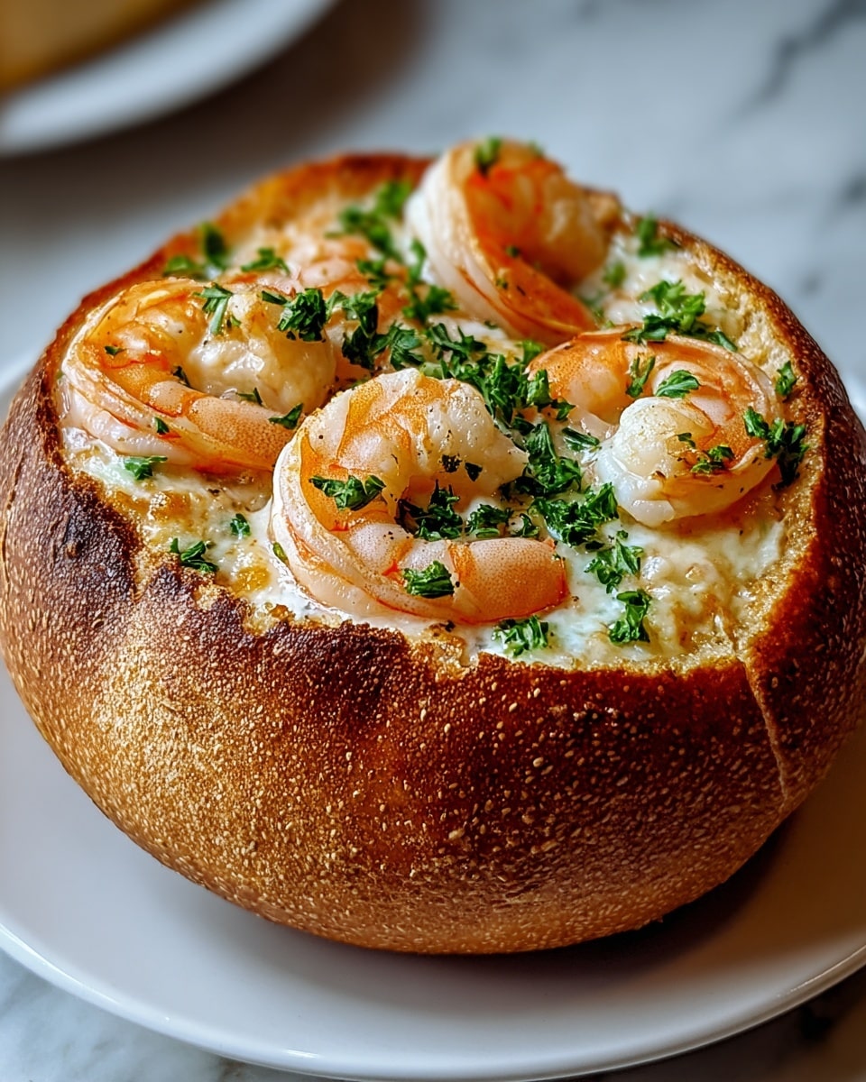 A round bread bowl with a deep golden-brown crust holds a creamy white base inside, topped with several pinkish-orange cooked shrimp arranged evenly on the surface. Bright green chopped parsley is sprinkled over the shrimp and creamy filling, adding color contrast. The bread bowl sits on a white plate, all set on a white marbled textured surface. Photo taken with an iphone --ar 4:5 --v 7
