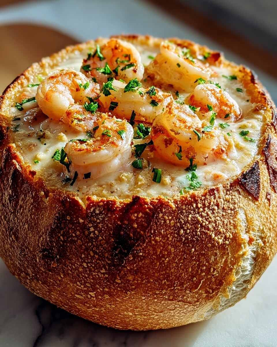 A round hollow bread bowl with a golden-brown crust holds a creamy shrimp dish inside. The top layer shows small cooked shrimp, pink and slightly browned, scattered over a smooth, white creamy sauce. Fresh green parsley bits are sprinkled on top, adding color contrast. The bread bowl’s crust looks crunchy and toasted, with cracks and a rough texture. The bowl rests on a white marbled surface with soft lighting highlighting the textures and colors. photo taken with an iphone --ar 4:5 --v 7