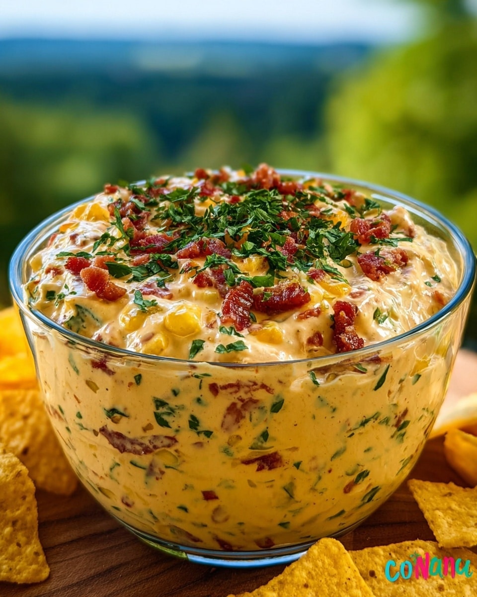 A clear glass bowl filled with a creamy dip that has a smooth yellow base mixed with finely chopped green herbs and red bits, likely peppers or bacon, throughout. The dip has a chunky texture with visible pieces of yellow and red vegetables or meat on the surface, topped with fresh green herbs sprinkled evenly on top. The bowl is placed on a wooden surface with some yellow tortilla chips partially visible around it, with an outdoor blurry background giving a fresh and natural feel. The photo is taken with an iphone --ar 4:5 --v 7