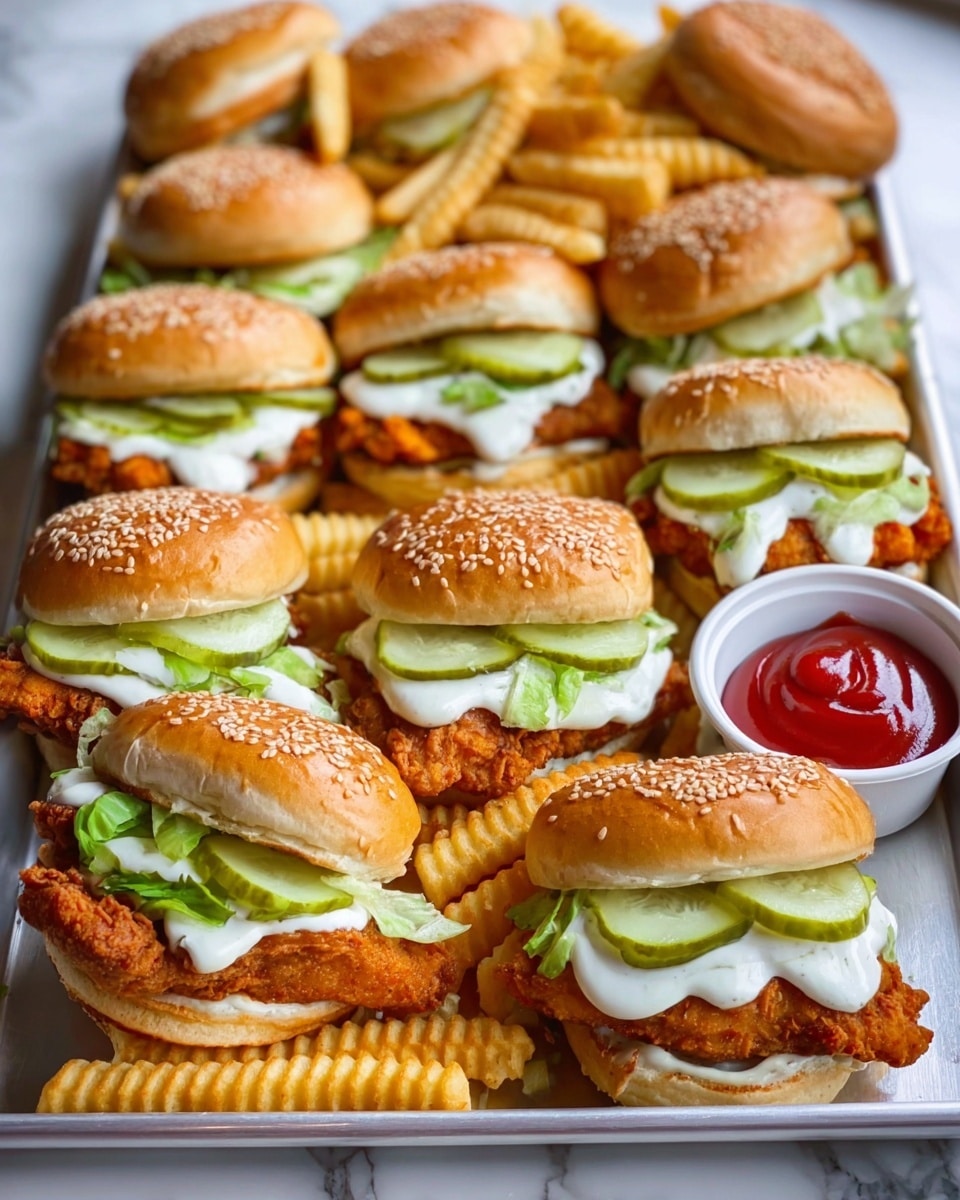 The image shows a tray filled with nine crispy fried chicken sandwiches and a side of crinkle-cut fries along with a small white cup of red ketchup. Each sandwich has three layers visible: the top and bottom are light golden sesame seed buns, the middle layer is a crispy, orange-browned fried chicken fillet, topped with pale green lettuce and several slices of bright green pickles, all topped with a generous layer of creamy white sauce. The fries are golden and piled around the sandwiches on the metal tray, all set on a white marbled surface. photo taken with an iphone --ar 4:5 --v 7