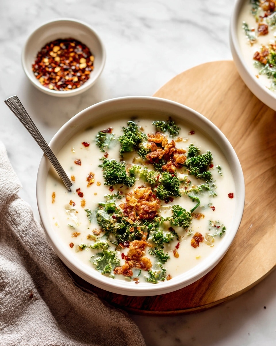 A white bowl filled with creamy white soup that has a smooth texture, topped with small golden-brown crispy bits and scattered green kale pieces. There are also red chili flakes sprinkled on top, adding specks of dark red color. A silver spoon rests inside the bowl on the left side, and nearby there is a small white bowl with more chili flakes on a light wood round board. The background is a white marbled texture surface, with a light gray cloth towel folded near the bowl. Photo taken with an iphone --ar 4:5 --v 7