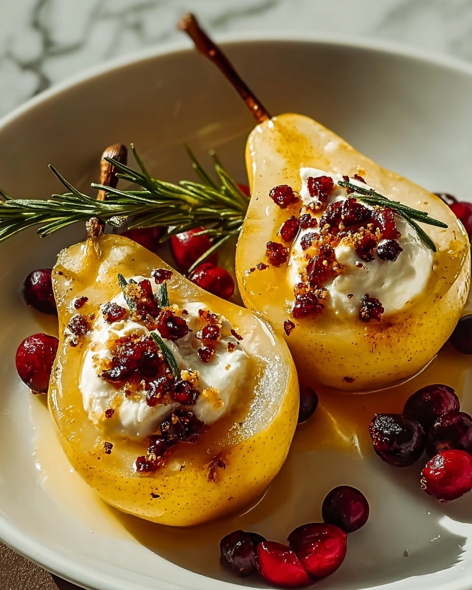 Two halves of a cooked yellow pear with a smooth, shiny surface rest on a white plate with a few scattered small red cranberries around them. Each pear half is topped with a soft white cheese dollop, sprinkled with small crumbly bits of dark red dried fruit or seasoning, and garnished with a small green rosemary sprig and a single whole cranberry. The plate sits on a white marbled surface, and the warm lighting highlights the glossy texture and rich colors of the ingredients. photo taken with an iphone --ar 4:5 --v 7