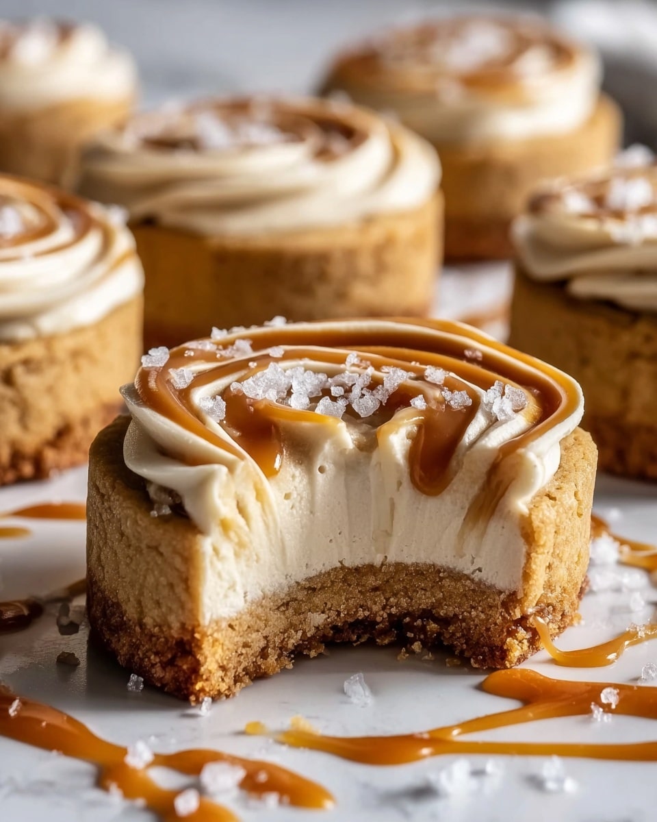 The image shows a close-up of a small round cookie cake with two main layers. The bottom layer is a thick, golden-brown, slightly crumbly cookie base with a firm texture. On top is a thick, smooth cream layer in a light beige color, swirled with a caramel sauce creating a glossy, rich brown pattern. Large crystals of coarse white salt are sprinkled over the top. The cookie cake is placed on a white marbled surface, with caramel drizzles and white salt crystals scattered around it. One cake is cut to reveal its soft inside, and the blurred background shows more cookie cakes. photo taken with an iphone --ar 4:5 --v 7