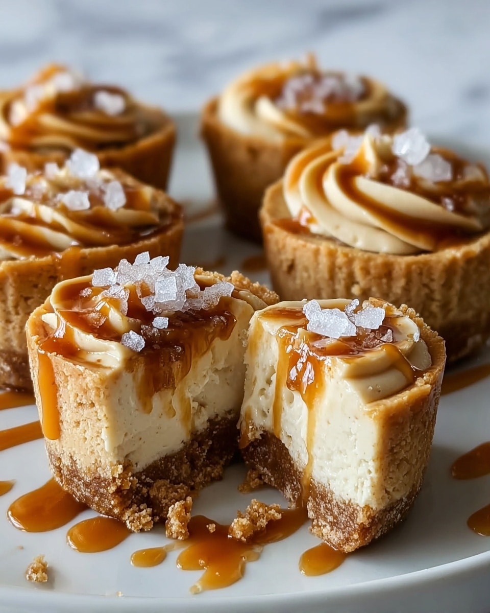 The image shows small cheesecake cups with three visible layers: a thick, crumbly light brown crust at the bottom, a smooth and creamy pale cream middle layer, and a glossy, swirled caramel topping in a light brown shade. Large pieces of coarse white salt crystals are sprinkled on top of the caramel swirls, adding texture. The cheesecake cups are set on a white plate with caramel drizzled around them on a white marbled surface, creating a rich, inviting look. One cheesecake cup is bitten into, showing the soft inside texture with gooey caramel in the middle. Photo taken with an iphone --ar 4:5 --v 7