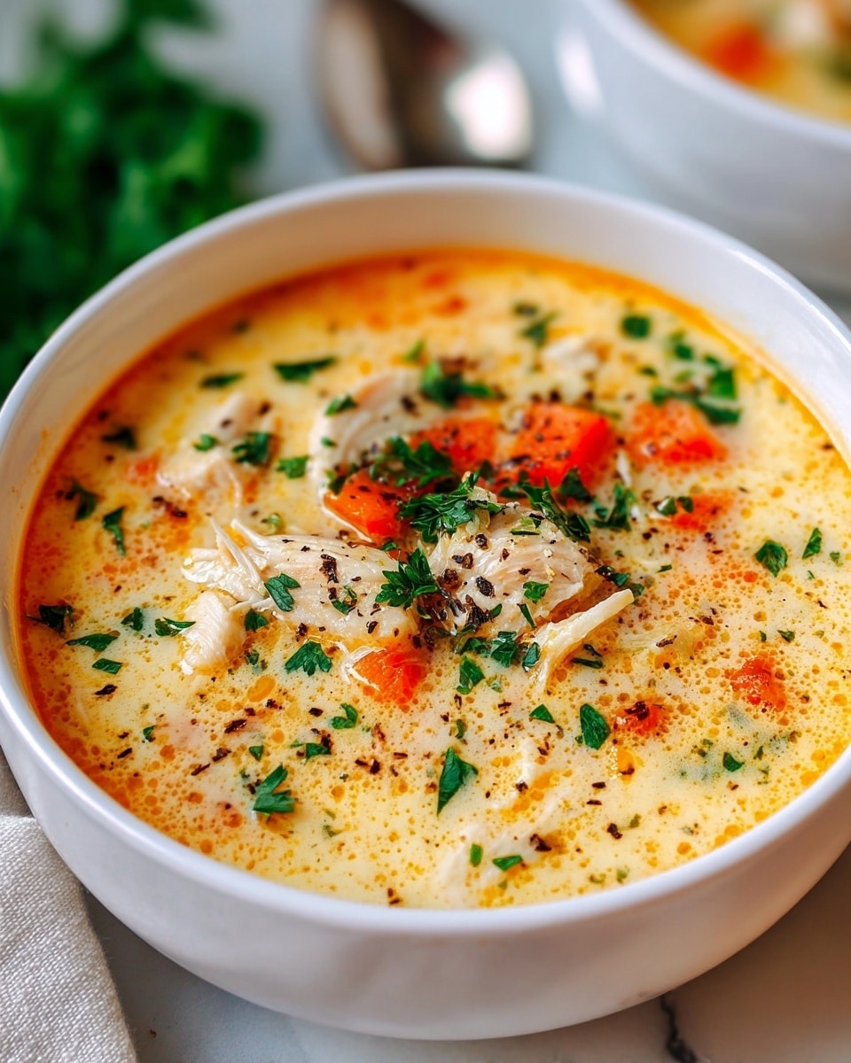 The image shows a white bowl filled with a creamy soup that has a light orange-yellow base with a slightly oily surface. The top layer contains chunks of white, tender chicken, bright orange carrot pieces, and small bits of translucent onion, all sprinkled with chopped green parsley and black pepper. The soup looks rich and smooth, with colors blending gently but still distinct. The bowl rests on a white marbled surface with green parsley on the side and a blurred spoon in the background. Photo taken with an iphone --ar 4:5 --v 7