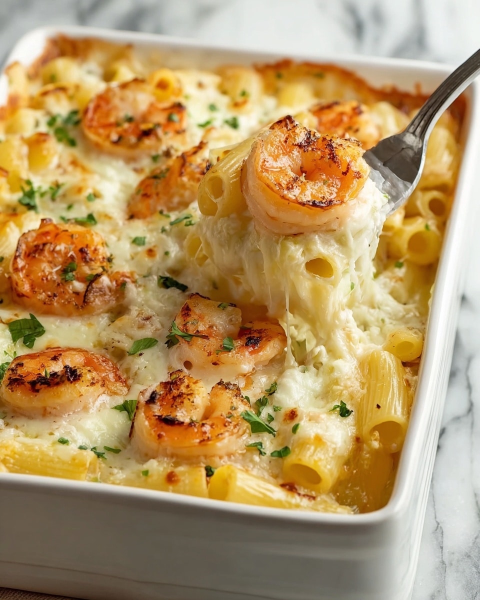 A white baking dish filled with three visible layers: the bottom layer is pale yellow rigatoni pasta, the middle layer is creamy white cheese sauce with melted cheese slightly browned on top, and the top layer has several golden-brown grilled shrimp scattered evenly, garnished with small green parsley leaves. A metal fork is lifting a portion from the side, showing stringy melted cheese and a shrimp on top, with the dish resting on a white marbled surface. photo taken with an iphone --ar 4:5 --v 7