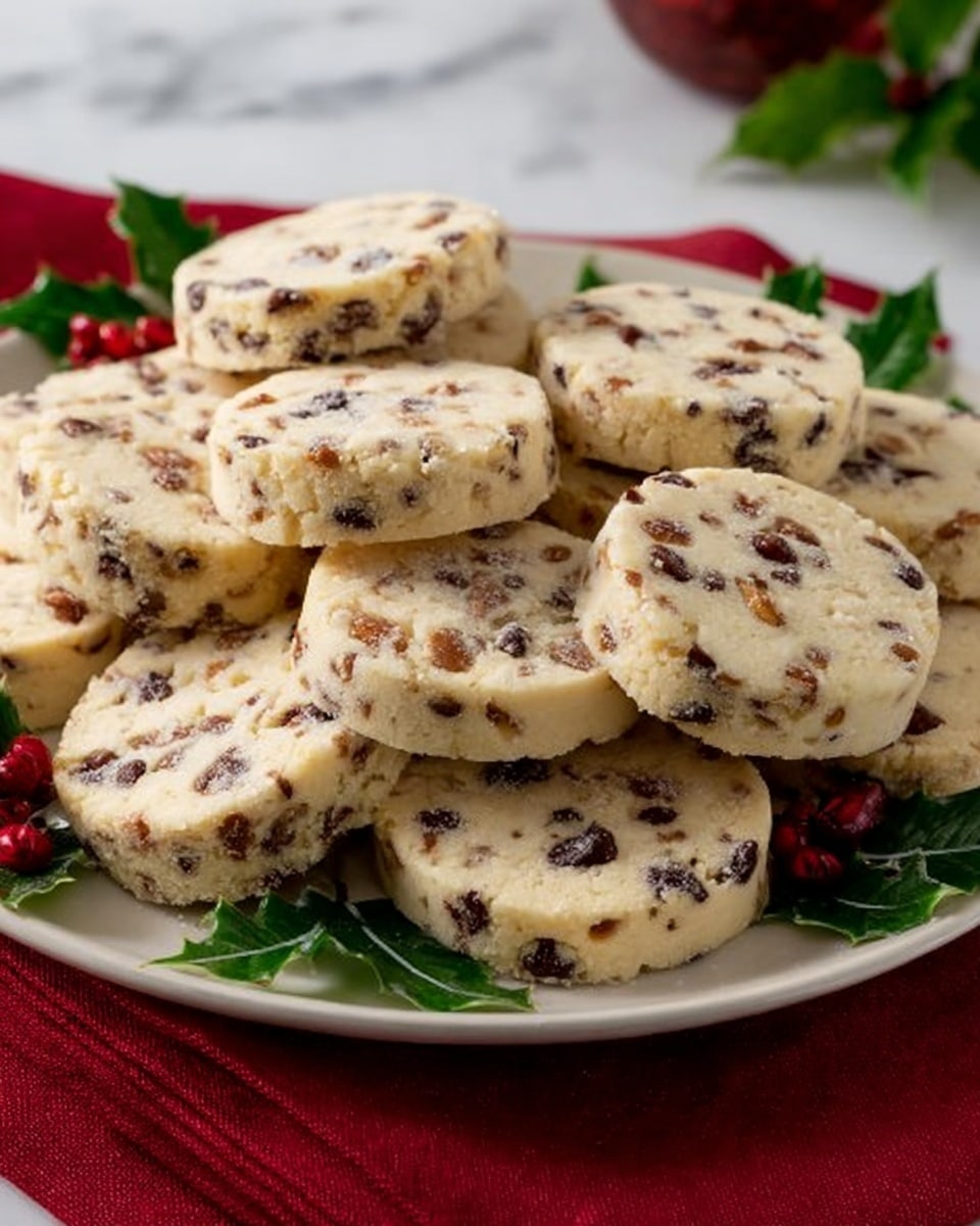 A white plate filled with round shortbread cookies studded with small dark chocolate chips and bits of nuts, the cookies have a light golden color with a slightly crumbly texture. The plate is garnished with green holly leaves and small red berries, adding a festive touch. The cookies are arranged to fill the plate fully, stacked slightly, with some overlapping each other. The background is a white marbled surface. Photo taken with an iphone --ar 4:5 --v 7