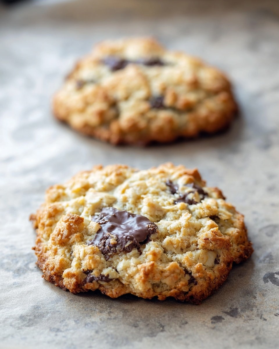Two oatmeal chocolate chip cookies are shown on a textured baking tray, each cookie having one visible rough layer made of golden-brown baked dough mixed with oats and dark chocolate chunks. The cookies have a slightly uneven, chunky surface with softer light golden tones in the middle and darker, crispier edges. The background is a white marbled texture, softly blurred to bring focus to the cookies. photo taken with an iphone --ar 4:5 --v 7