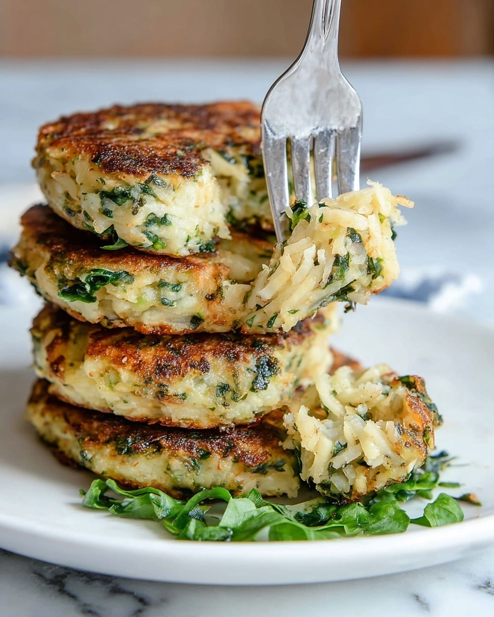 A stack of four golden-brown patties with a slightly crispy texture sits on a white plate with a small bed of green leafy garnish underneath. The patties are thick and show visible layers of shredded light beige potatoes mixed with bright green herbs and spinach throughout. The front patty is cut open, revealing a soft, moist inside with finely shredded potato strands and bits of green herbs. A silver fork holds a small chunk of the patty, highlighting the mixed texture inside. The plate is placed on a white marbled textured surface with a blurred background. photo taken with an iphone --ar 4:5 --v 7