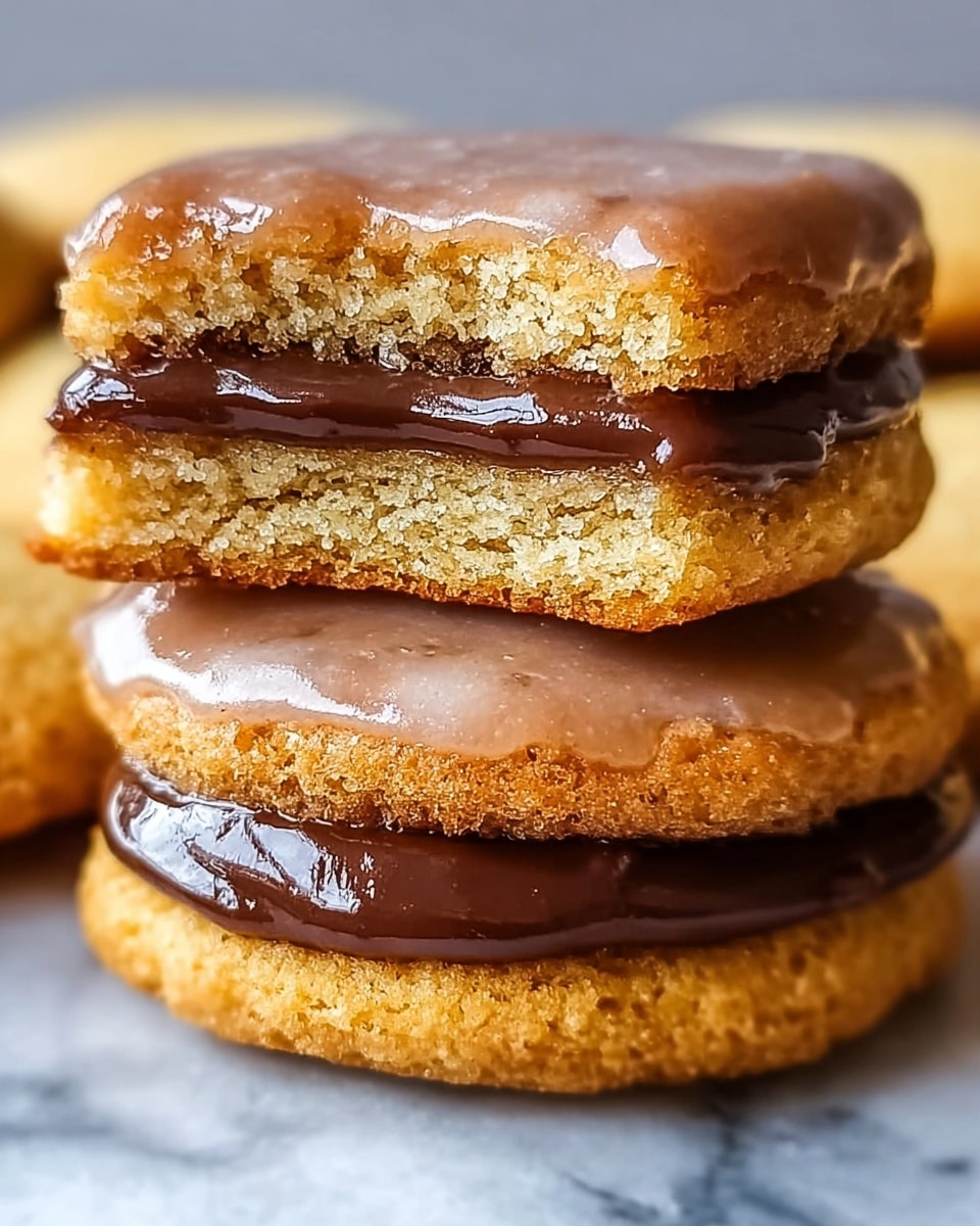 The image shows a close-up of two breakfast sandwich cookies stacked on a white marbled surface. Each cookie has three layers: a soft, golden-brown biscuit on the top and bottom, both with a slightly rough texture. The middle layer is a thick, glossy chocolate spread that looks smooth and rich. The top biscuit of the upper cookie has a shiny, slightly translucent glaze. The overall look is warm and inviting, highlighting the contrast between the golden biscuit and dark chocolate filling. photo taken with an iphone --ar 4:5 --v 7