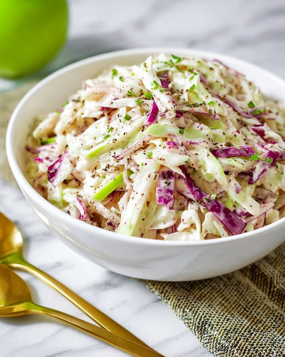 A white bowl filled with a creamy coleslaw that has several layers of shredded vegetables including white cabbage, green apple strips, and thin purple cabbage, all mixed with dressing and sprinkled with black pepper and small green herbs. The coleslaw looks fresh and colorful with a mix of white, green, and purple textures. The bowl sits on a white marbled surface with a gold spoon placed in front, and a green apple partially visible in the background. photo taken with an iphone --ar 4:5 --v 7