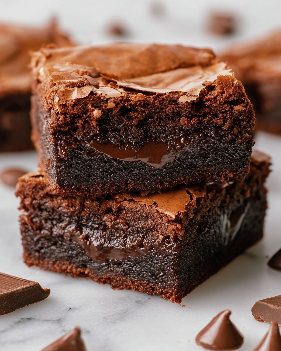 The image shows three thick, square-shaped chocolate brownies stacked on top of each other. Each brownie has a rich, dark brown color with a slightly crumbly texture on the outside and looks moist inside. The top layer of each brownie is studded with smooth, melted chocolate chips that add a shiny contrast to the matte surface beneath. The stack is placed on a slightly rough, dark surface with a dark blurred background that makes the brownies stand out clearly. Photo taken with an iphone --ar 4:5 --v 7