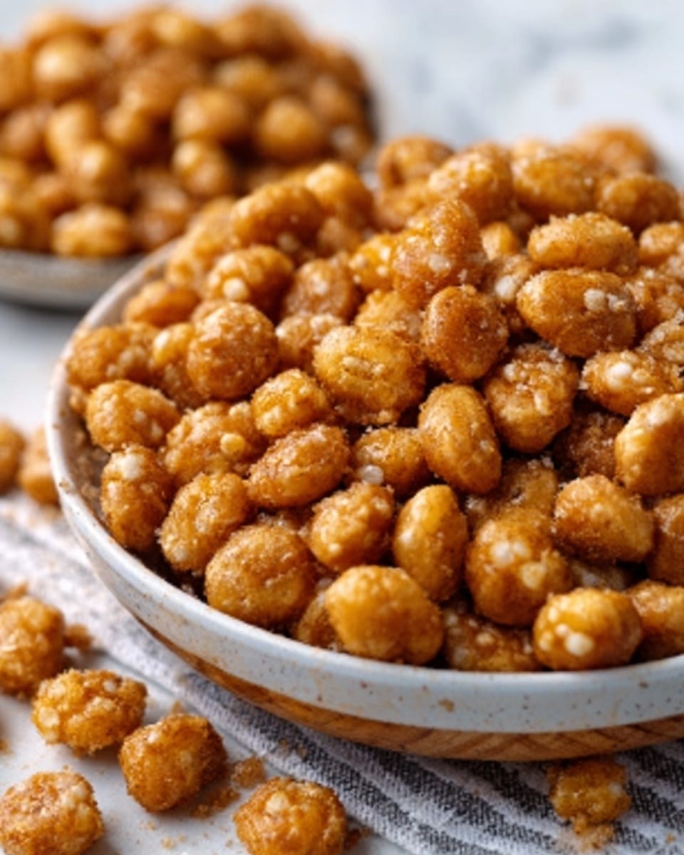 A close-up image shows a bowl filled with small, round, golden-orange snacks that have a shiny glaze atop a bumpy texture made of small white puffed pieces embedded in the surface. The bowl is two-layered: the top part is white ceramic and the lower part is dark wood. The snacks are packed tightly, some stacked on top of each other, showing their thin, crisp texture and uneven crunchy bumps. The background is softly blurred with another bowl of similar snacks partly visible, all set on a white marbled texture with a white and black striped cloth nearby. photo taken with an iphone --ar 4:5 --v 7