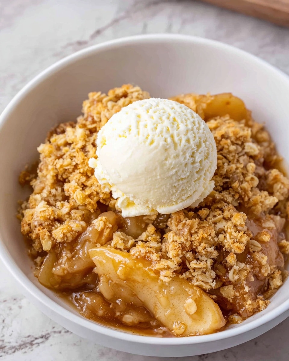 A white bowl holds a warm apple crumble dessert with three distinct layers: the bottom layer is baked apple slices showing a soft, shiny golden-brown texture, the middle layer is a crumbly, golden oat topping that looks crunchy and uneven, and the top layer features a single smooth, round scoop of creamy vanilla ice cream placed in the center. The bowl is set on a white marbled surface, and the overall look is inviting and rustic with a mix of soft and crunchy textures. photo taken with an iphone --ar 4:5 --v 7