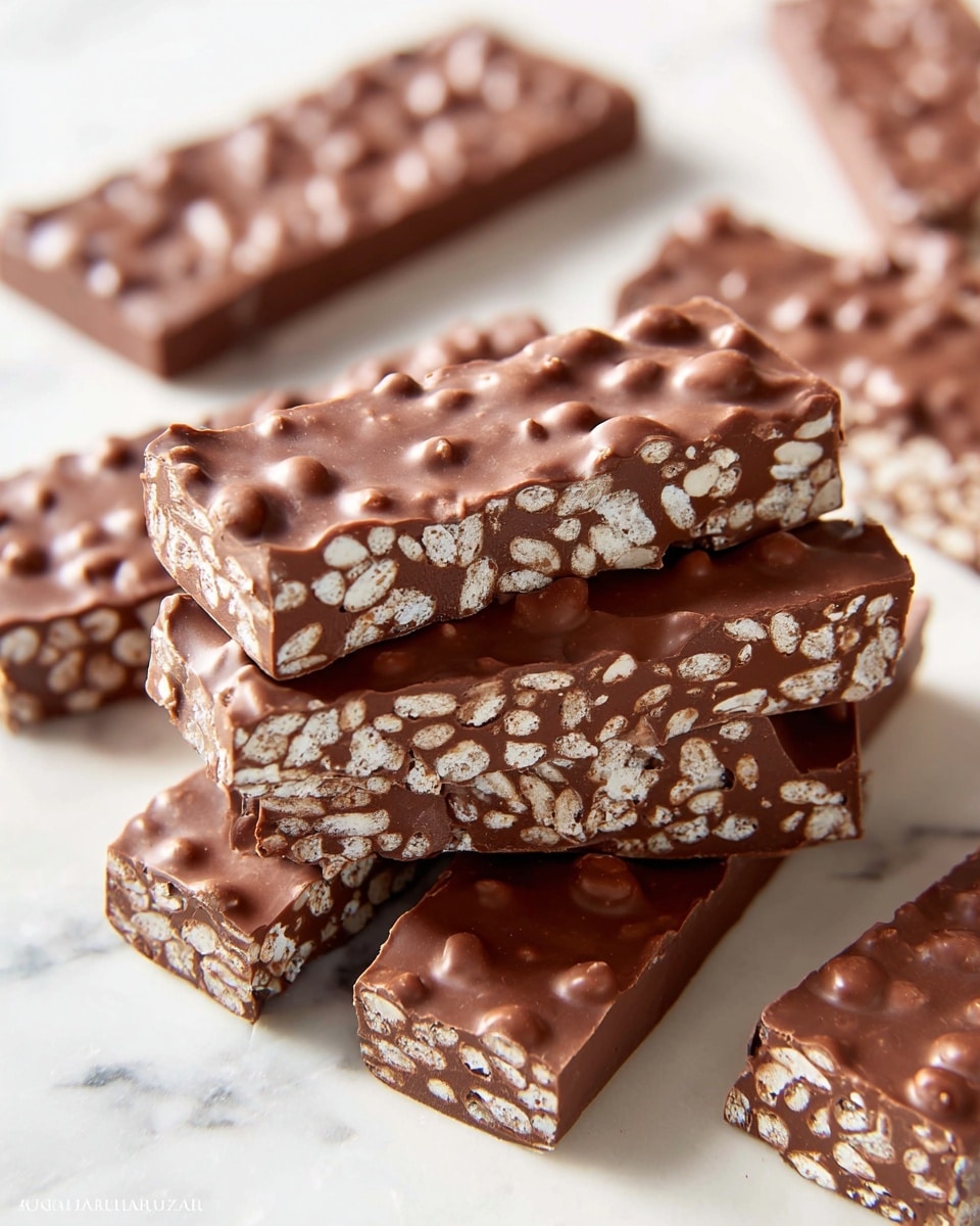 This image shows several rectangular bars of chocolate covered crispy rice stacked and spread on a white marbled surface. The bars have two visible layers: a top shiny dark brown chocolate layer with a bumpy, slightly uneven texture, and underneath a mix of chocolate and puffed crispy rice pieces creating a light and dark speckled look throughout. The top edges are slightly jagged, showing some small bits of puffed rice sticking out. The chocolate has a glossy finish with small, raised bubbles and uneven spots scattered on top. Photo taken with an iphone --ar 4:5 --v 7