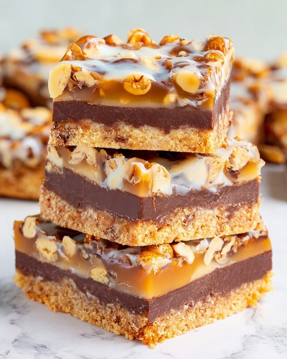 The image shows a stack of three thick dessert bars placed on a white marbled surface. Each bar has four distinct layers: the bottom layer is a light golden crunchy crust, followed by a thick dark brown chocolate layer. Above the chocolate is a caramel and nut mixture with a light tan color and slightly glossy texture, topped by a creamy, off-white drizzle that looks smooth and soft. The bars are neatly cut into squares, showing clear separation between the layers, and the top layer has visible nut pieces mixed with a caramel-like topping. Photo taken with an iphone --ar 4:5 --v 7