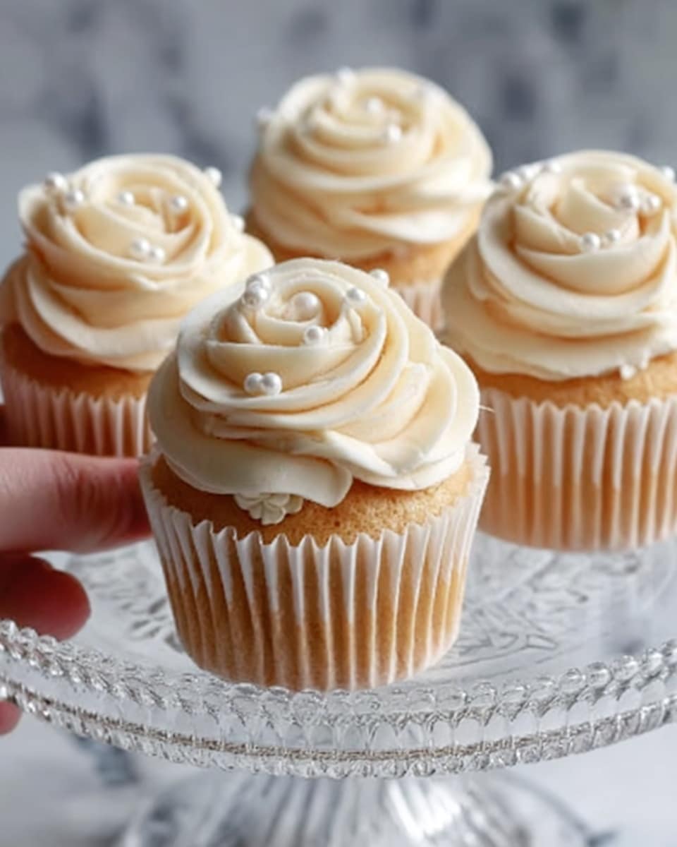 The image shows four vanilla cupcakes with creamy white frosting swirled high in a rose pattern on top of each cupcake. The frosting looks smooth and soft with tiny light pink and white pearl sprinkles scattered over it. Each cupcake sits in a pale beige liner, and they are arranged on a clear glass stand with a subtle pattern. The background is a white marbled texture, and part of a woman’s hand is gently holding the edge of the stand. photo taken with an iphone --ar 4:5 --v 7