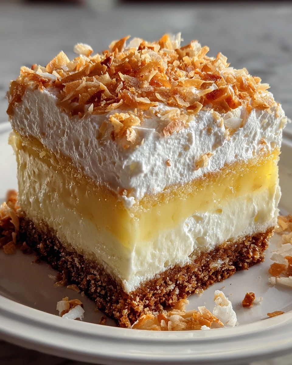 A square slice of dessert with four visible layers sits on a white plate over a white marbled surface. The bottom layer is a crumbly, light brown crust with a slightly rough texture. Above the crust is a thick, smooth, creamy white layer, topped by a yellowish, glossy custard layer. On top, there is a fluffy white whipped cream layer decorated with toasted, golden-brown coconut flakes scattered unevenly. Photo taken with an iphone --ar 4:5 --v 7