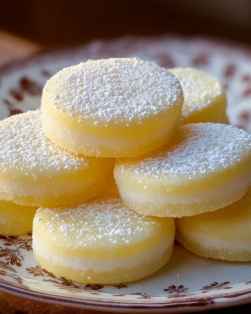 A close-up image of six small, round lemon-flavored cookies stacked on a white plate with a brown floral pattern. Each cookie has two layers: a pale yellow, smooth and slightly shiny top and bottom layer surrounding a lighter, softer middle layer. The top of each cookie is dusted with a light coating of fine white powdered sugar that gives a soft, snowy texture. The outside edges appear slightly crumbly and delicate. The plate sits on a white marbled surface. photo taken with an iphone --ar 4:5 --v 7