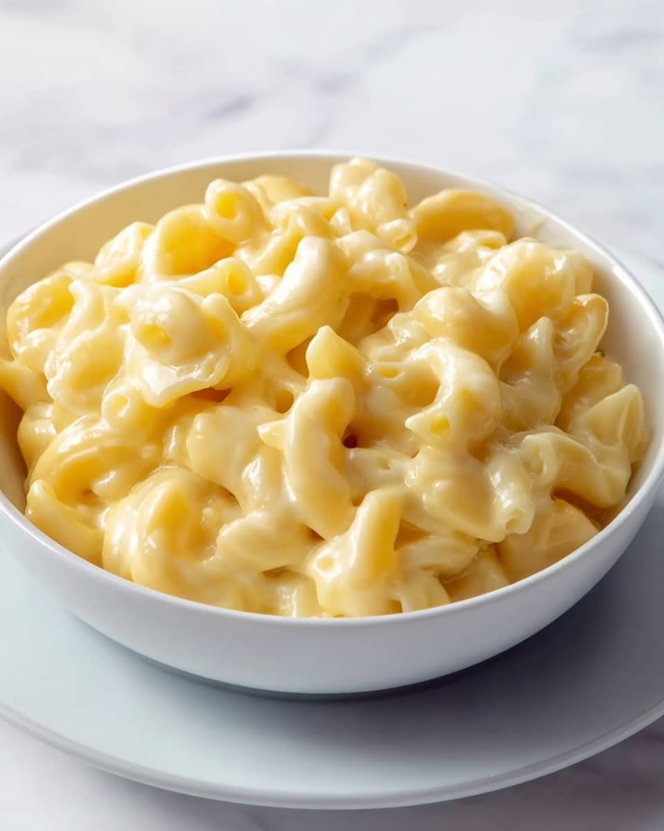 A white bowl is filled with creamy macaroni and cheese, showing one layer of curved, elbow-shaped pasta coated in smooth, pale yellow cheese sauce. The sauce looks thick and glossy, covering each pasta piece evenly, with some pasta edges slightly curled. The bowl sits on a white plate over a white marbled surface. The image has a soft, natural light that highlights the cheese texture and pasta shape. photo taken with an iphone --ar 4:5 --v 7