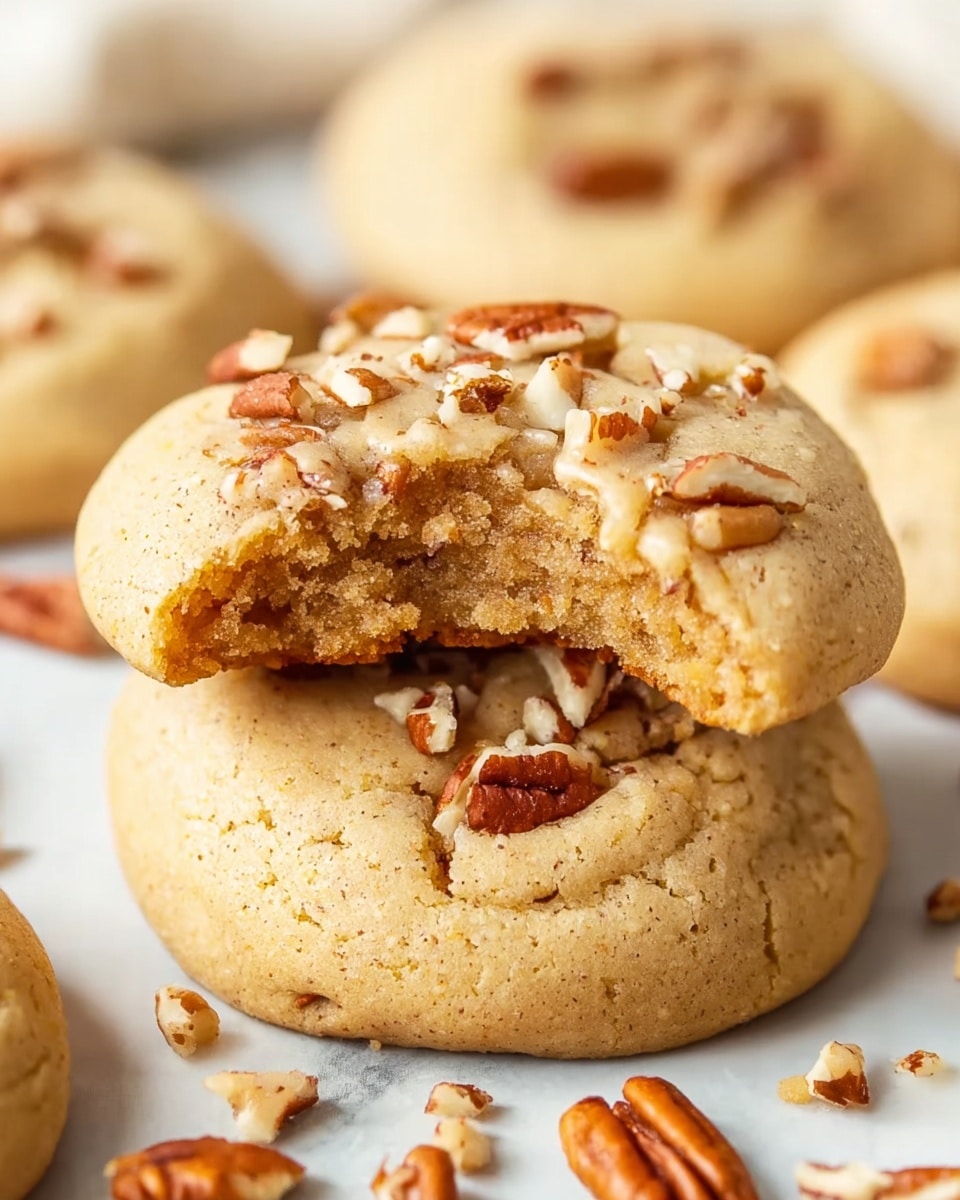 A close-up view of two light golden brown soft cookies stacked on top of each other, topped with scattered crunchy pecan nut pieces showing a rich brown and white color; one cookie on top has a bite taken out, revealing its moist and crumbly inner texture with layered subtle shades of beige and golden yellow; there are more similar cookies blurred in the white marbled background. photo taken with an iphone --ar 4:5 --v 7
