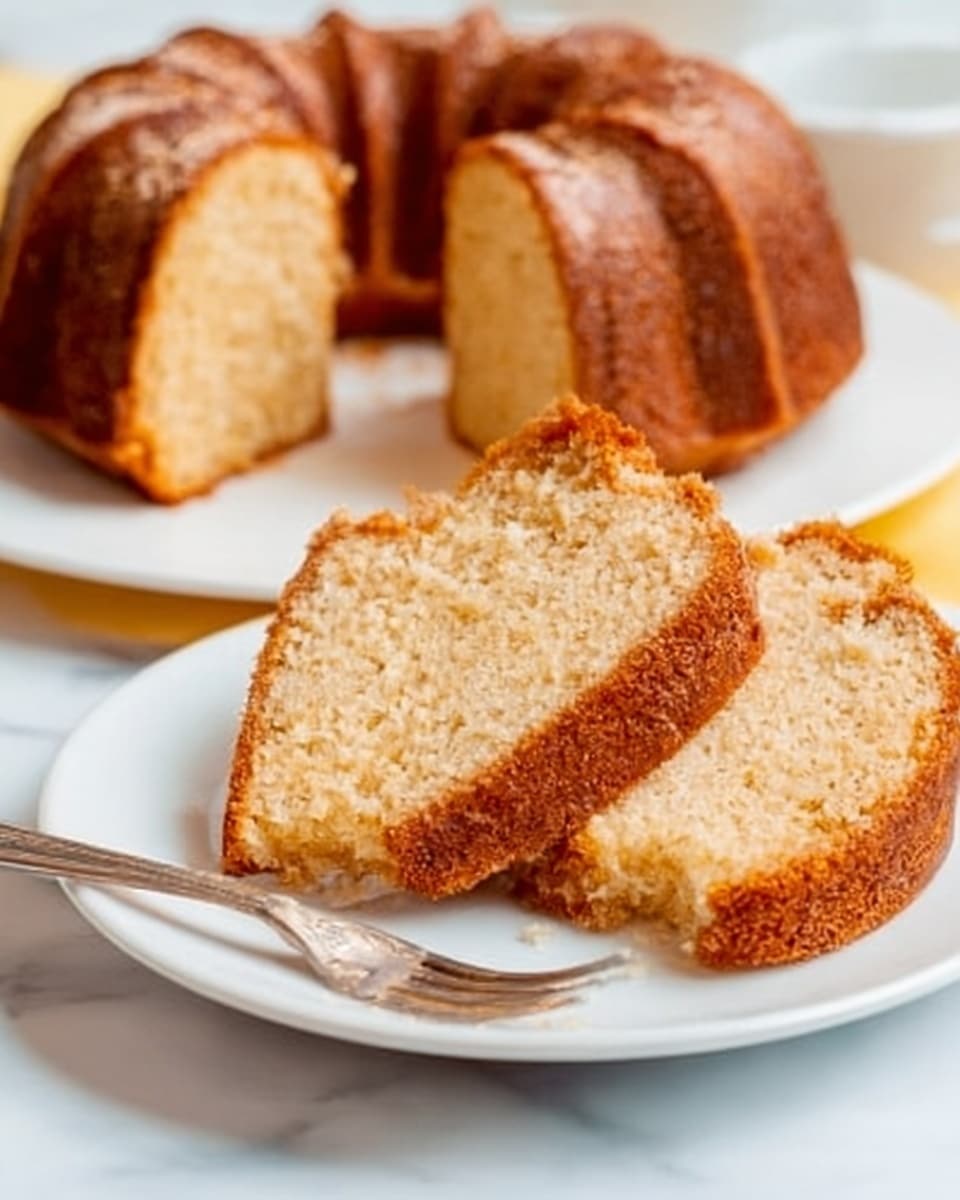 The image shows a sliced bundt cake with a golden brown crust and soft, light yellow inside. The cake has a dense texture with small air holes and is placed on a white plate with three slices cut and laid in front on a smaller white plate. The background is a white marbled surface with a yellow cloth under the plates. The cake has a slightly rough top crust with some sugar sprinkles. Photo taken with an iphone --ar 4:5 --v 7