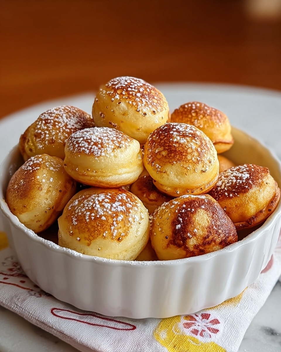 A white round ceramic dish filled with about thirteen small round golden brown balls showing a light crispy texture on top and smooth sides. The balls are dusted with a light layer of powdered sugar which adds a soft white contrast to the warm golden color. The dish sits on a white marbled texture with a partially visible white napkin patterned with yellow and red designs on the side. The balls look fluffy and firm, neatly arranged, showcasing a warm, fresh baked appearance. photo taken with an iphone --ar 4:5 --v 7