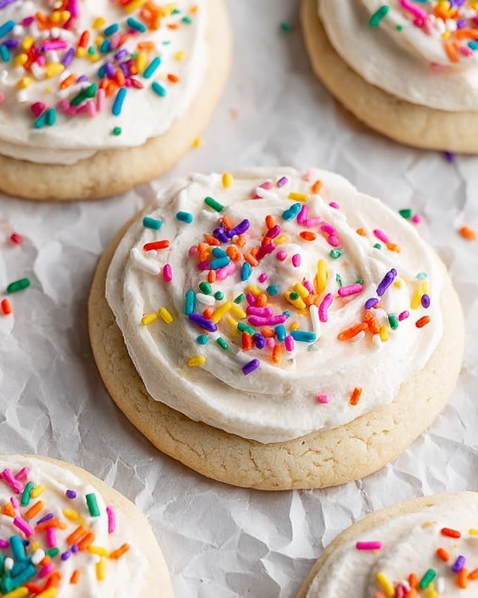The image shows several round sugar cookies with one thick layer of light beige cookie base topped with a thick layer of white, creamy frosting that has a slightly swirled texture. On top of the frosting, there are scattered colorful sprinkles in pink, orange, yellow, green, blue, purple, and white. The cookies are placed on a crinkled white parchment paper set on a white marbled surface. The photo is bright and clear, capturing the soft texture of the frosting and the smooth cookie edges. photo taken with an iphone --ar 4:5 --v 7