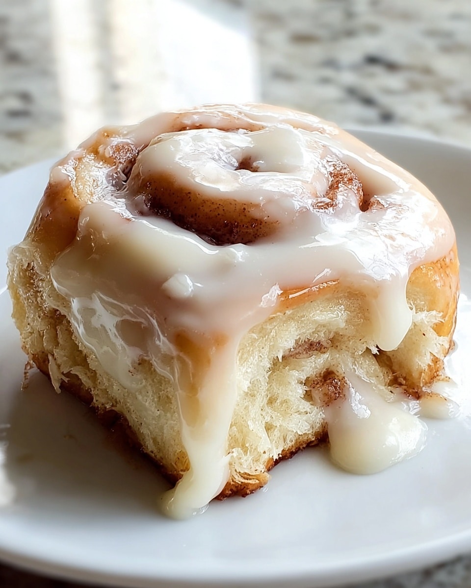 A close-up of a single cinnamon roll on a white plate, showing one thick rolled layer of soft, light beige dough with a visible swirl of cinnamon sugar filling in medium brown with a slightly grainy texture. The roll is topped with a thick layer of creamy white icing that drips down the sides and onto the plate, creating a glossy, smooth look. The background is a white marbled texture with soft lighting highlighting the cinnamon roll’s soft and gooey appearance. Photo taken with an iphone --ar 4:5 --v 7