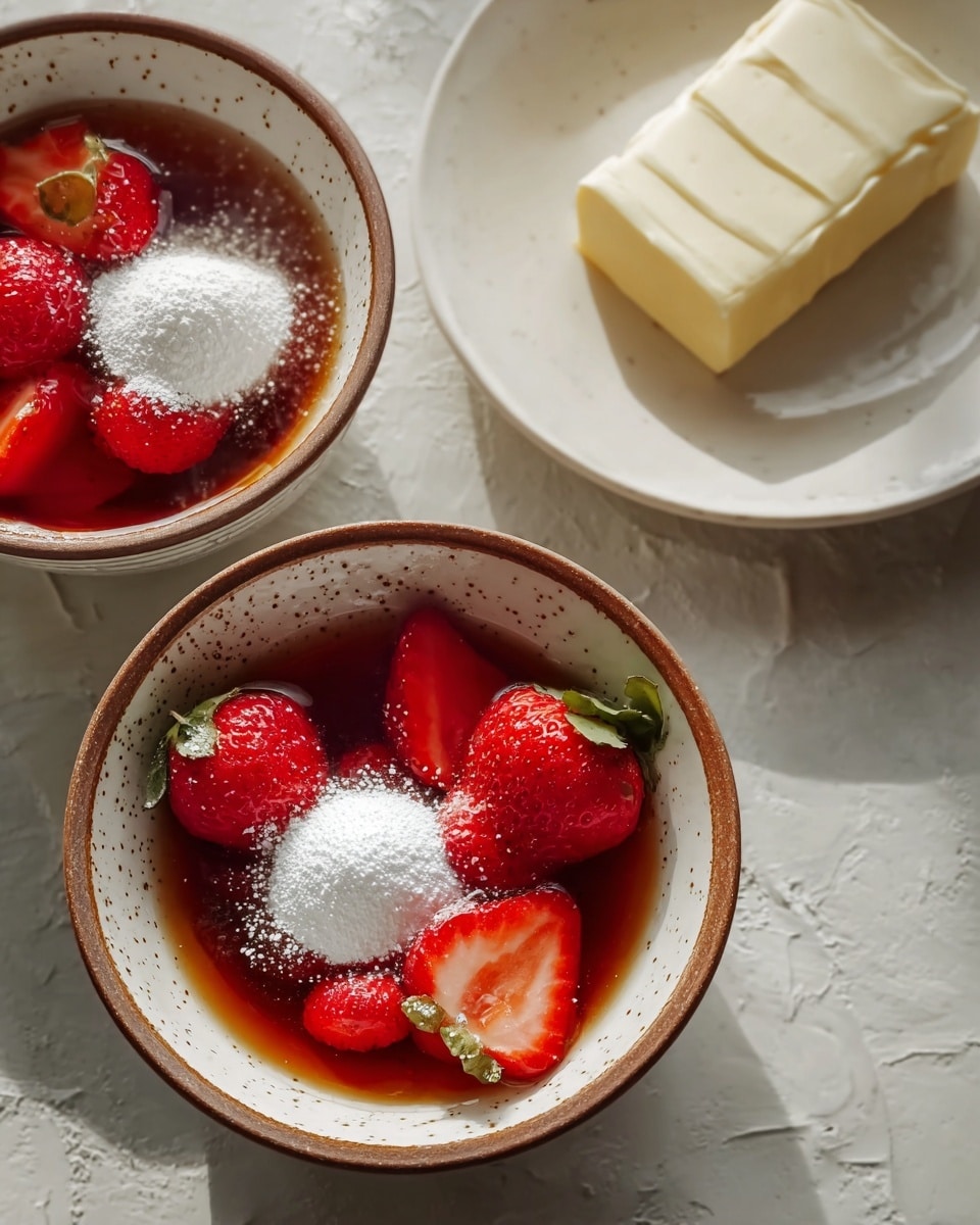 The image shows a close-up of a white bowl with a brown rim on a white marbled surface, filled with three fresh strawberries—two whole and one cut in half—resting in a red syrup layer. On top of the syrup and strawberries are two white piles of powdered sugar, one larger and one smaller, with a soft, powdery texture. Nearby, there is a white plate with a brown rim holding a block of pale yellow butter, slightly melting at the edges. Photo taken with an iphone --ar 4:5 --v 7
