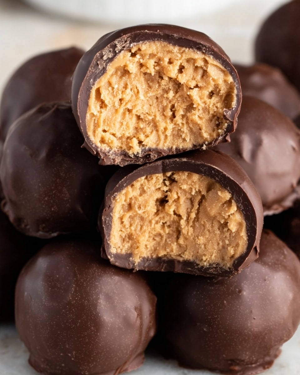 The image shows a pile of round chocolate-covered peanut butter balls on a white plate. Two of the balls are cut in half and placed on top, revealing the inside. The inner layer is a dense, crumbly, light brown peanut butter filling with a rough texture. The outer layer is a smooth, dark brown chocolate coating covering the entire ball. The plate is set on a white marbled surface, and the lighting highlights the glossy chocolate shell and the textured peanut butter center. photo taken with an iphone --ar 4:5 --v 7