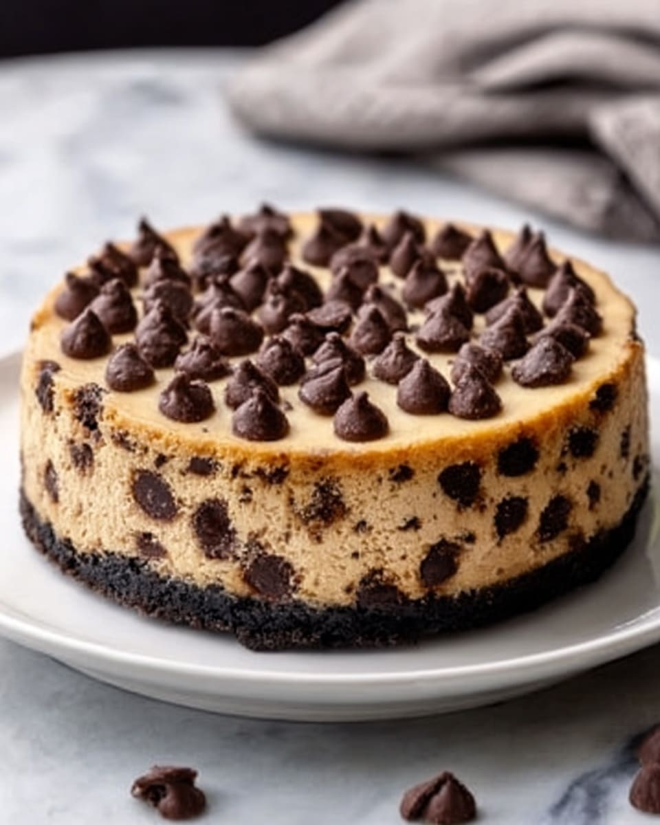 A round cheesecake with a thick layer of light brown cookie dough mixed with dark chocolate chips on a white plate. The top is covered with a layer of large dark chocolate chips spread evenly, some leaning to the side. The cake has a dark crumbly chocolate crust at the bottom. The background shows a soft focus with a white marbled surface under the plate. Photo taken with an iphone --ar 4:5 --v 7