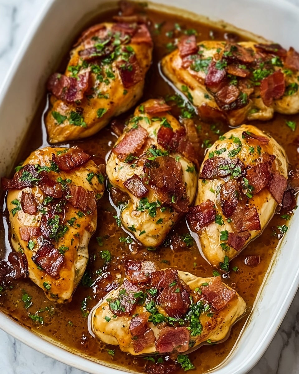 A white baking dish holds six pieces of cooked chicken breast, each topped with crispy strips of browned bacon and sprinkled with chopped green herbs. The chicken breasts are golden and juicy with a slight shine from a rich brown sauce pooled around them. The bacon pieces vary in size, some flat and others slightly curled, adding texture to the dish. The herbs add bright green color contrast, making the food look fresh and savory. The background has a white marbled texture. photo taken with an iphone --ar 4:5 --v 7