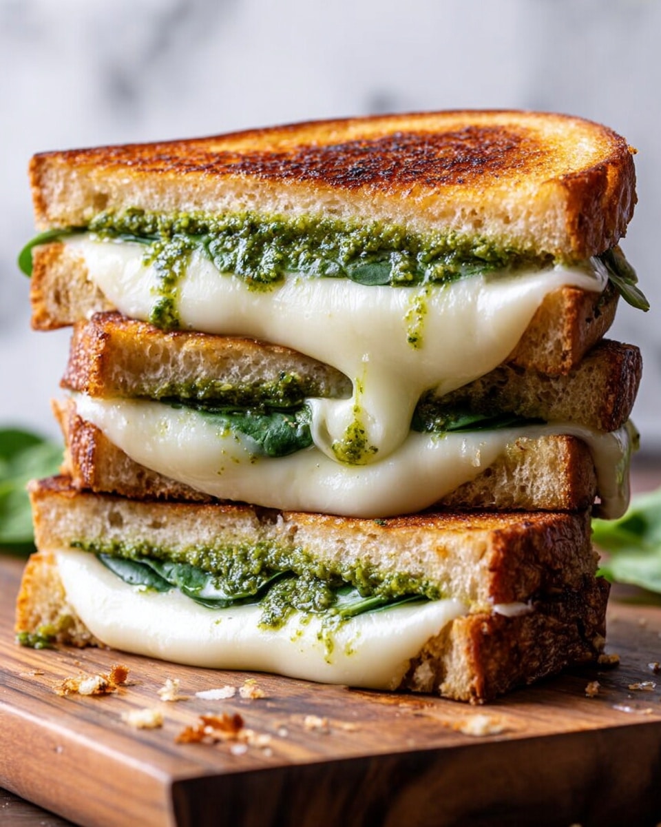 A stack of three grilled cheese sandwiches arranged one on top of the other, each sandwich showing two slices of golden-brown toasted bread with a slightly crispy texture. Between the bread slices, there are thick layers of melted white cheese that look soft and gooey, along with bright green spinach leaves adding freshness. A thin, uneven spread of green pesto sauce is visible on the inside top bread slice of each sandwich, giving a vibrant contrast. The sandwiches are placed on a wooden cutting board with some crumbs scattered around. The background features a white marbled texture. photo taken with an iphone --ar 4:5 --v 7