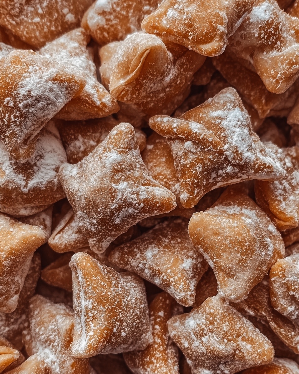 A close-up view of many small, square-shaped pieces of snack. Each piece has a rough, toasted brown surface covered with fine white powdered sugar, giving them a dusty look. The snack pieces are piled closely together, showing some with visible caramel-colored filling peeking through the small cracks in the outer layer. The texture looks crunchy and slightly soft in the middle. The background is a white marbled texture. photo taken with an iphone --ar 4:5 --v 7