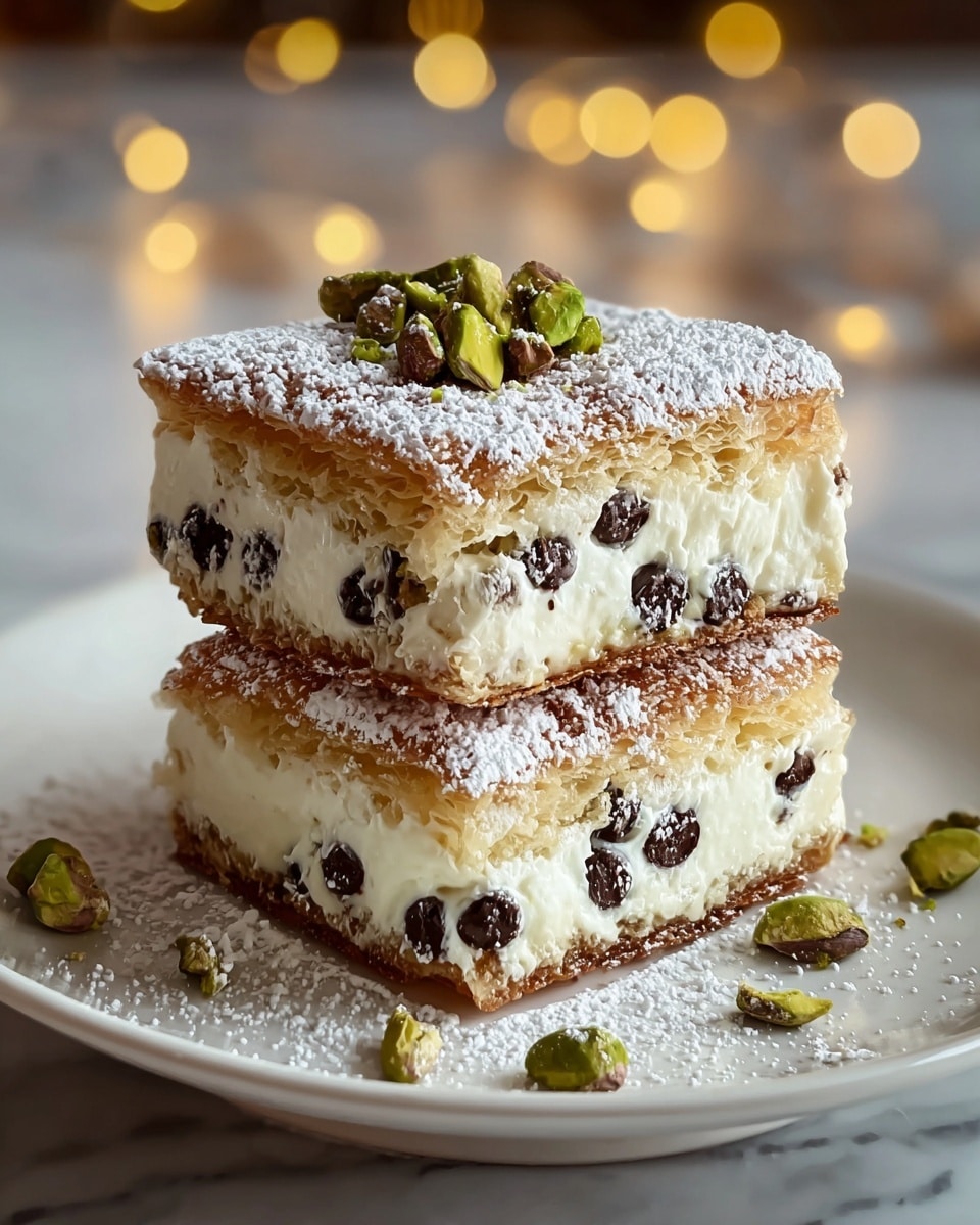 Two small square pieces of dessert are stacked on a white plate over a white marbled surface. Each piece has three layers: a golden brown crispy base, a thick white creamy middle layer with small dark chocolate chips scattered inside, and a top layer matching the base in color and texture, dusted with white powdered sugar. On the top piece, chopped green pistachio nuts and a few whole nuts sit in the center, adding color and texture contrast. Small pistachio pieces are also scattered on the plate around the dessert. The background shows soft, warm yellow bokeh lights. photo taken with an iphone --ar 4:5 --v 7