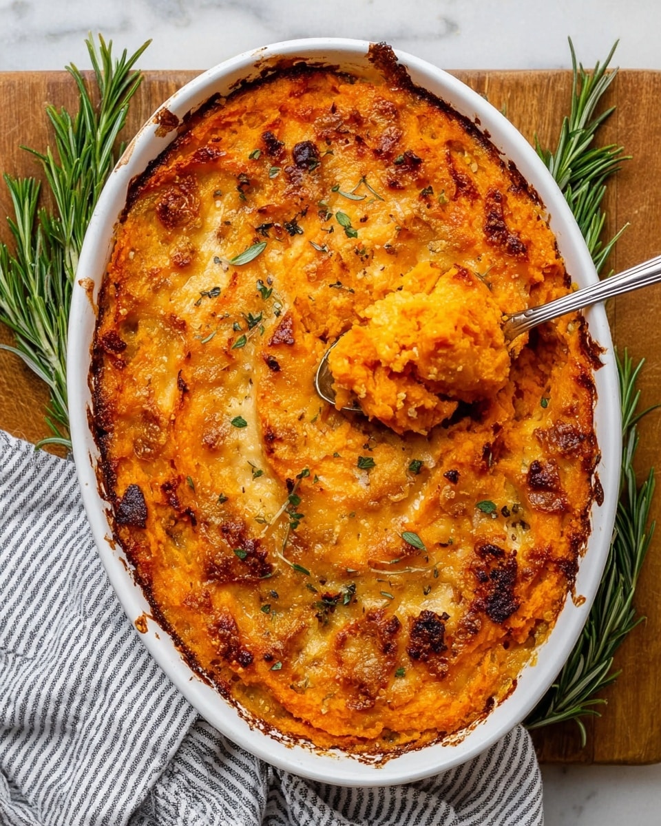 The image shows a white casserole dish filled with a baked dish that has a golden brown, crispy cheese crust on top with hints of herbs sprinkled over. The dish appears to have layered slices of orange sweet potatoes visible under the cheesy top layer, which looks soft and creamy. The edges of the casserole are slightly browned and caramelized, adding texture. There are sprigs of fresh green rosemary placed on top for garnish. The dish is placed on a white marbled surface with a blue and white striped cloth nearby. A woman’s hand holds a spoon scooping out a portion, showing soft, layered sweet potatoes and melted cheese inside. Photo taken with an iphone --ar 4:5 --v 7