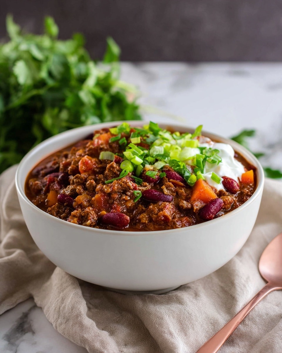In a white bowl filled to the top, there is a thick chili made of dark brown cooked ground beef mixed with deep red kidney beans and chunky orange carrots, all set in a rich, brownish-red sauce. On the top right side, a dollop of white sour cream peeks through, covered with bright green chopped scallions and fresh green cilantro leaves. The bowl sits on a soft beige cloth, placed on a white marbled texture with a rose gold spoon lying beside it. In the background, there is a blurred bunch of fresh green herbs, adding depth to the image. Photo taken with an iphone --ar 4:5 --v 7
