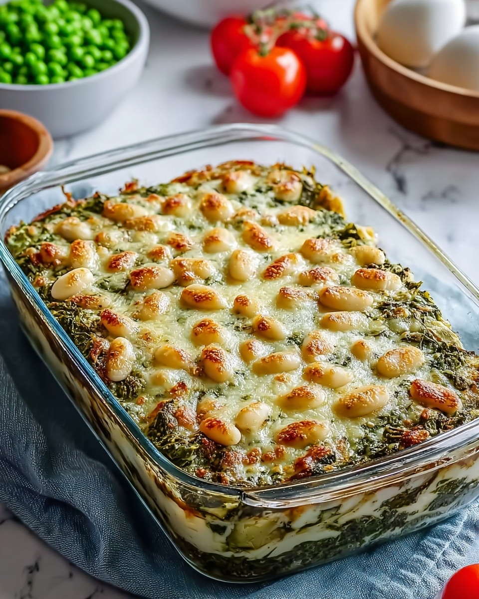 The image shows a rectangular glass baking dish filled with a baked casserole that has three visible layers. The bottom layer is creamy and white, followed by a thick greenish layer that looks like cooked spinach or greens. The top layer is covered with melted cheese that is golden brown in spots, with small white beans spread evenly on top. The dish is placed on a light blue cloth on a white marbled surface with bowls of green peas and white objects in the background, along with three red tomatoes near the dish. photo taken with an iphone --ar 4:5 --v 7