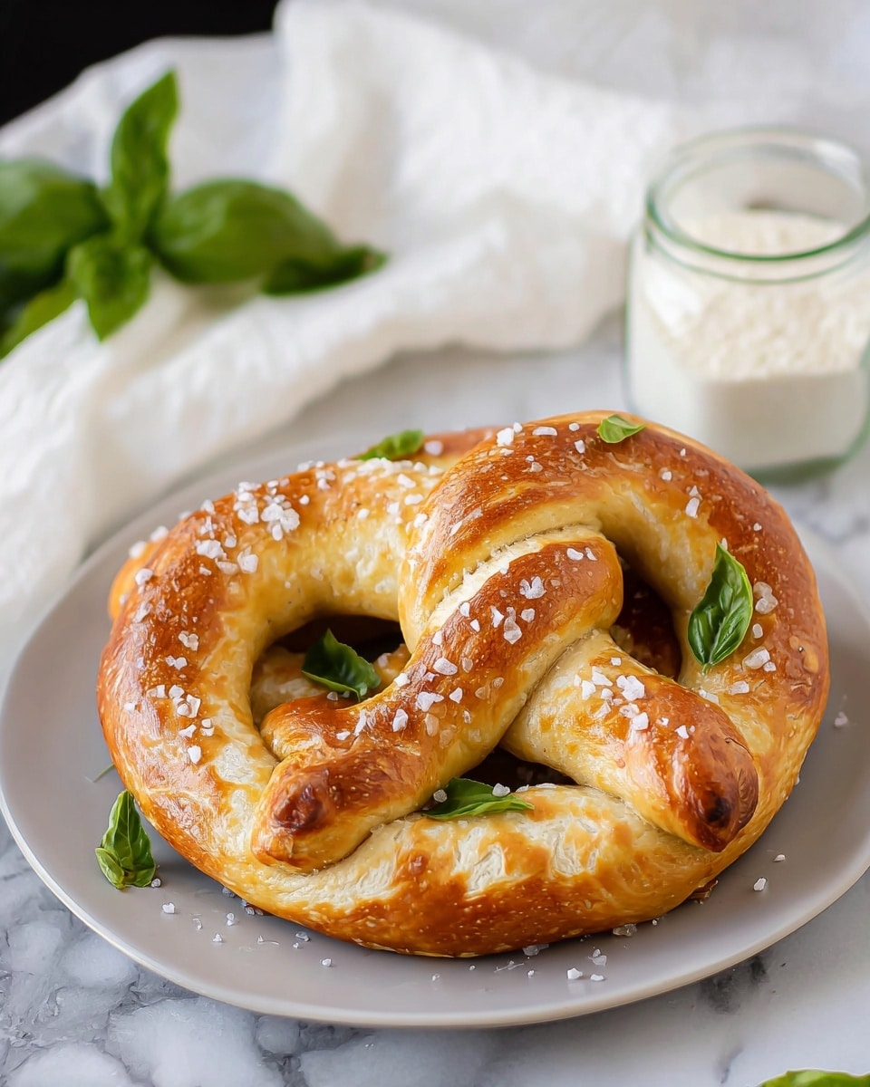 The image shows a golden brown pretzel on a white plate, with a shiny, slightly crusty outside and a soft, fluffy texture inside. It has a classic twisted shape with three visible thick bands of dough crossing each other. White coarse salt and small green basil leaves are scattered on top and around the pretzel, giving it a fresh look. The plate is placed on a white marbled surface with a white cloth and a glass jar filled with a light powder in the background. Photo taken with an iphone --ar 4:5 --v 7