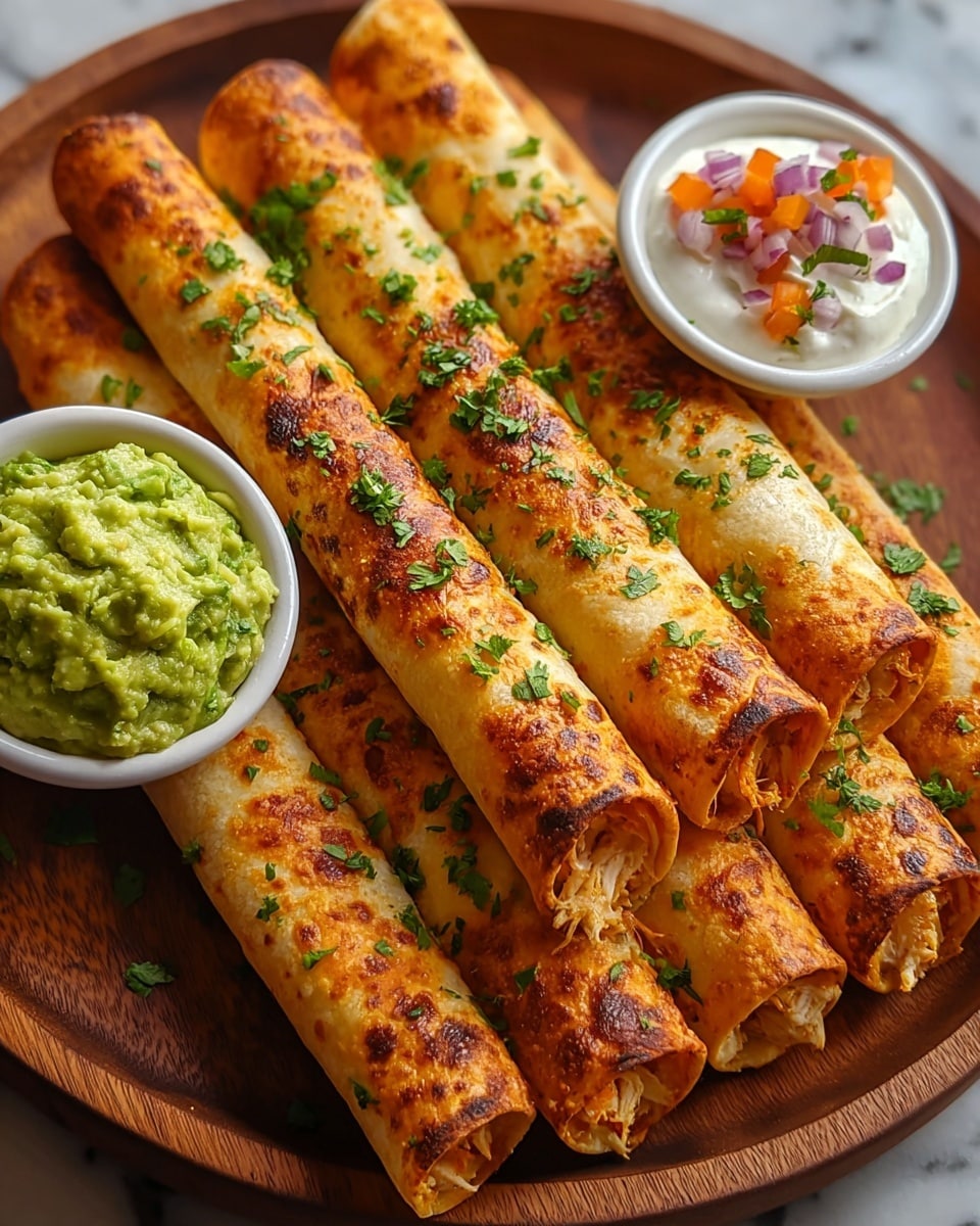 Five rolled, golden-orange taquitos, sprinkled with green chopped cilantro, are lined up closely on a round wooden board. The taquito shell is crispy, slightly burnt in spots, and reveals shredded light-colored chicken filling at the open ends. Next to the taquitos, there are two small white bowls filled with bright green guacamole; one bowl’s guacamole is topped with tiny diced red and white onions and orange bits, and the other bowl’s guacamole is topped with white sour cream and small pieces of red, orange, and purple diced vegetables. The scene is set against a white marbled texture. Photo taken with an iphone --ar 4:5 --v 7