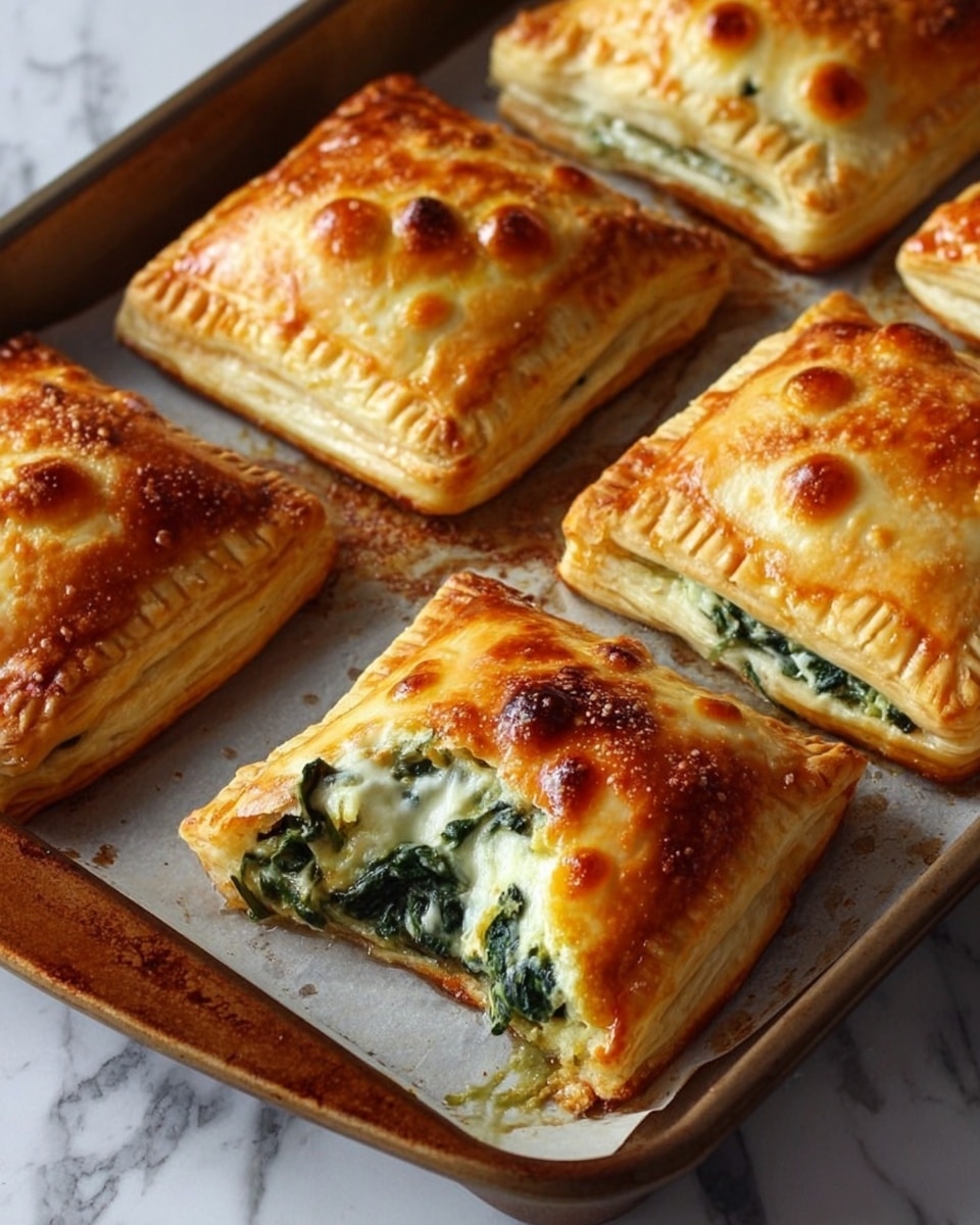 A baking tray holds six golden-brown, square-shaped pastries with slightly raised edges and fork-pressed borders, each topped with small, round, darker brown spots. One pastry is cut open, revealing a creamy white filling mixed with dark green spinach inside. The pastry layers are flaky and glossy, showing a crisp outer crust with some bubbling and browning on top. The background is a white marbled surface, giving a clean and bright look. Photo taken with an iphone --ar 4:5 --v 7