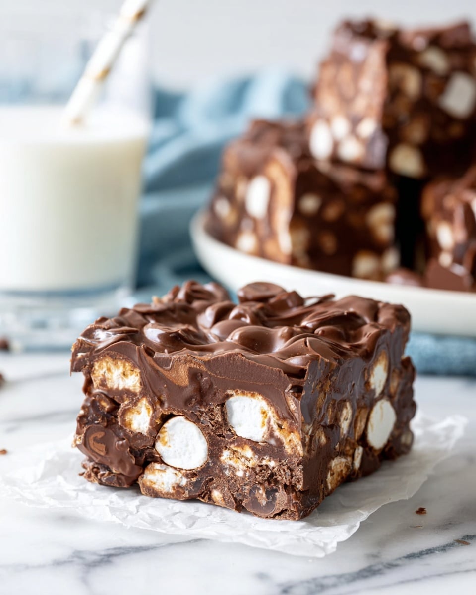 A thick, square slice of chocolate rocky road sits on a white marbled surface with a piece of white parchment underneath. The bottom layer is dense and dark brown chocolate mixed heavily with white marshmallows and crunchy-looking pieces, giving it a bumpy texture. The top layer is a smoother, shiny chocolate coating with swirls and ripples, some marshmallows peeking through the chocolate. In the blurry background, a white plate piled with more rocky road sits on a white marbled surface with a light blue cloth partially visible. A glass of milk with white and clear straws is seen to the left. photo taken with an iphone --ar 4:5 --v 7