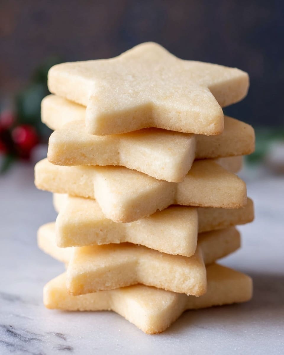 A stack of six star-shaped cookies with a light golden color and smooth texture sits on a dark wooden surface. Each cookie layer is slightly thick and soft looking, evenly shaped with clear star points. The background has soft focus with green and red holiday decorations, creating a festive mood. photo taken with an iphone --ar 4:5 --v 7